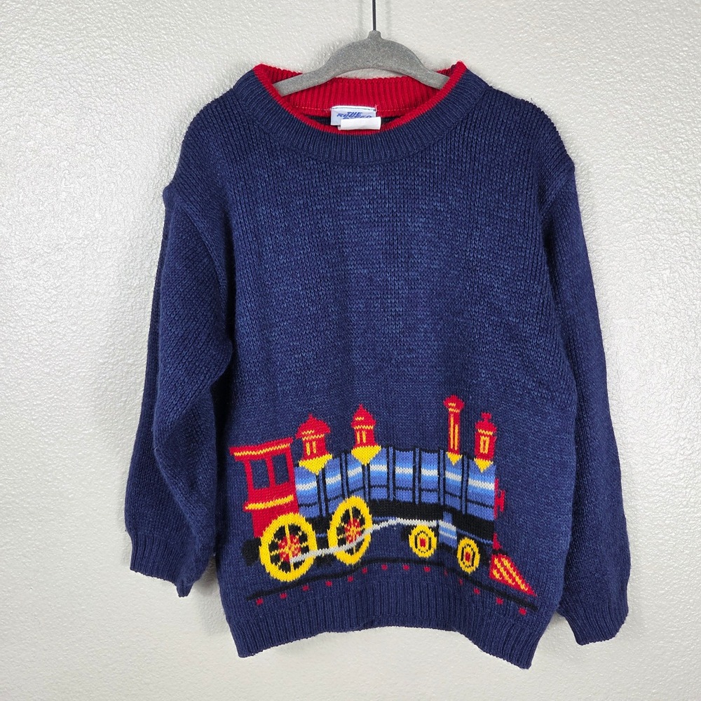 vintage 90s the rugged bear train sweater kids 4-5 navy locomotive novelty